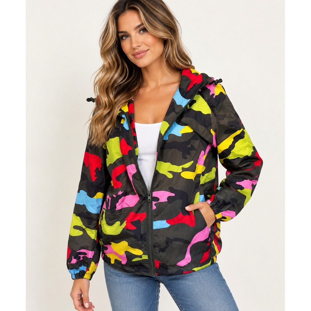 Daisy Windbreaker Jacket Women Small Neon Camo Streetwear Festival Kidcore Zip